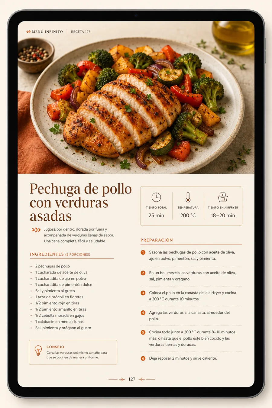 Página interna del Menú Infinito, receta con ficha de tiempo y temperatura