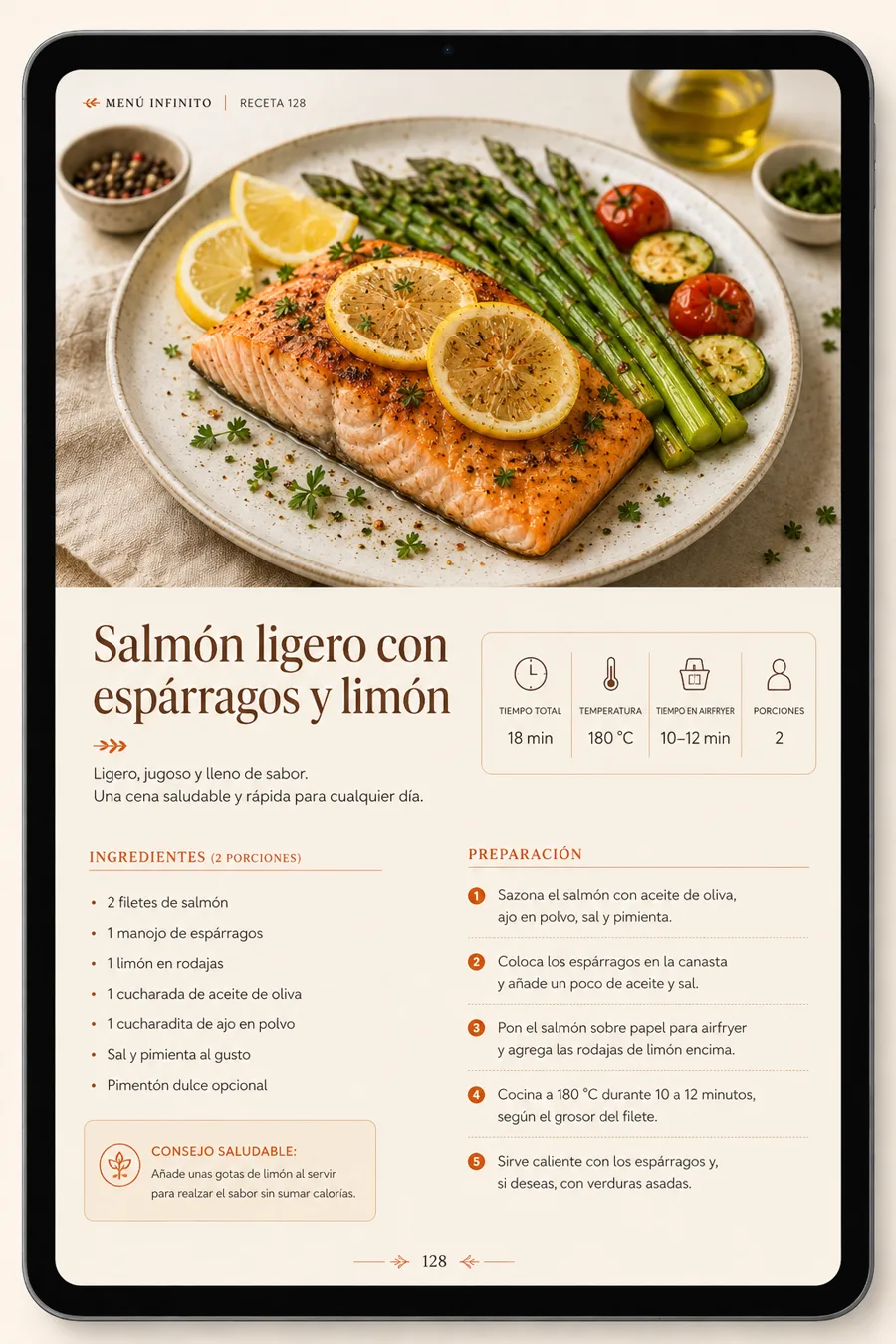 Página interna del Menú Infinito, receta liviana