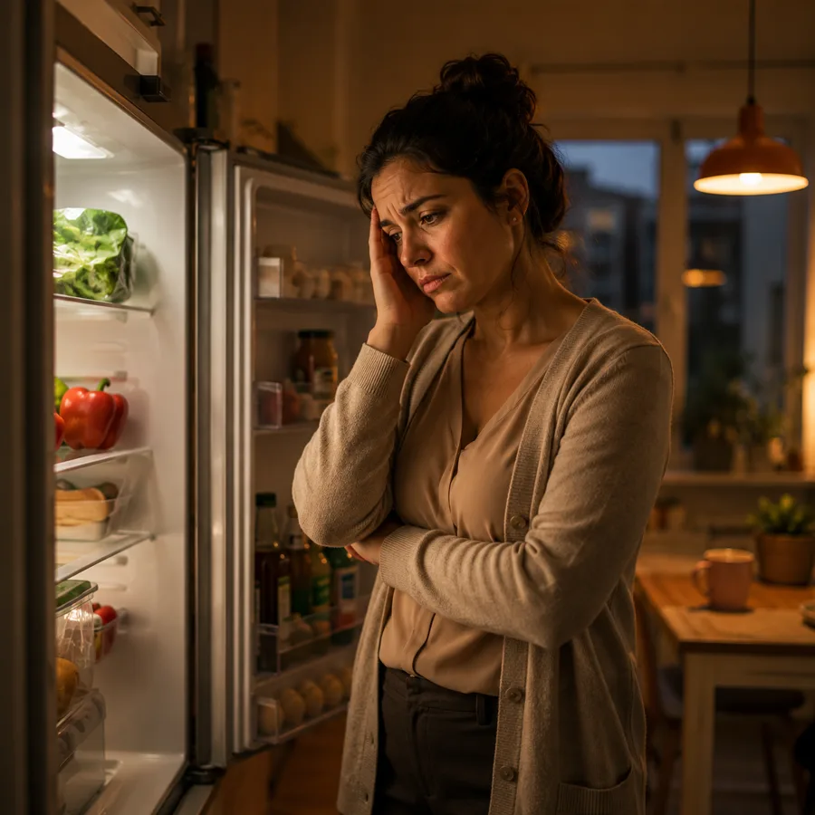 Mujer cansada en la cocina sin saber qué cocinar